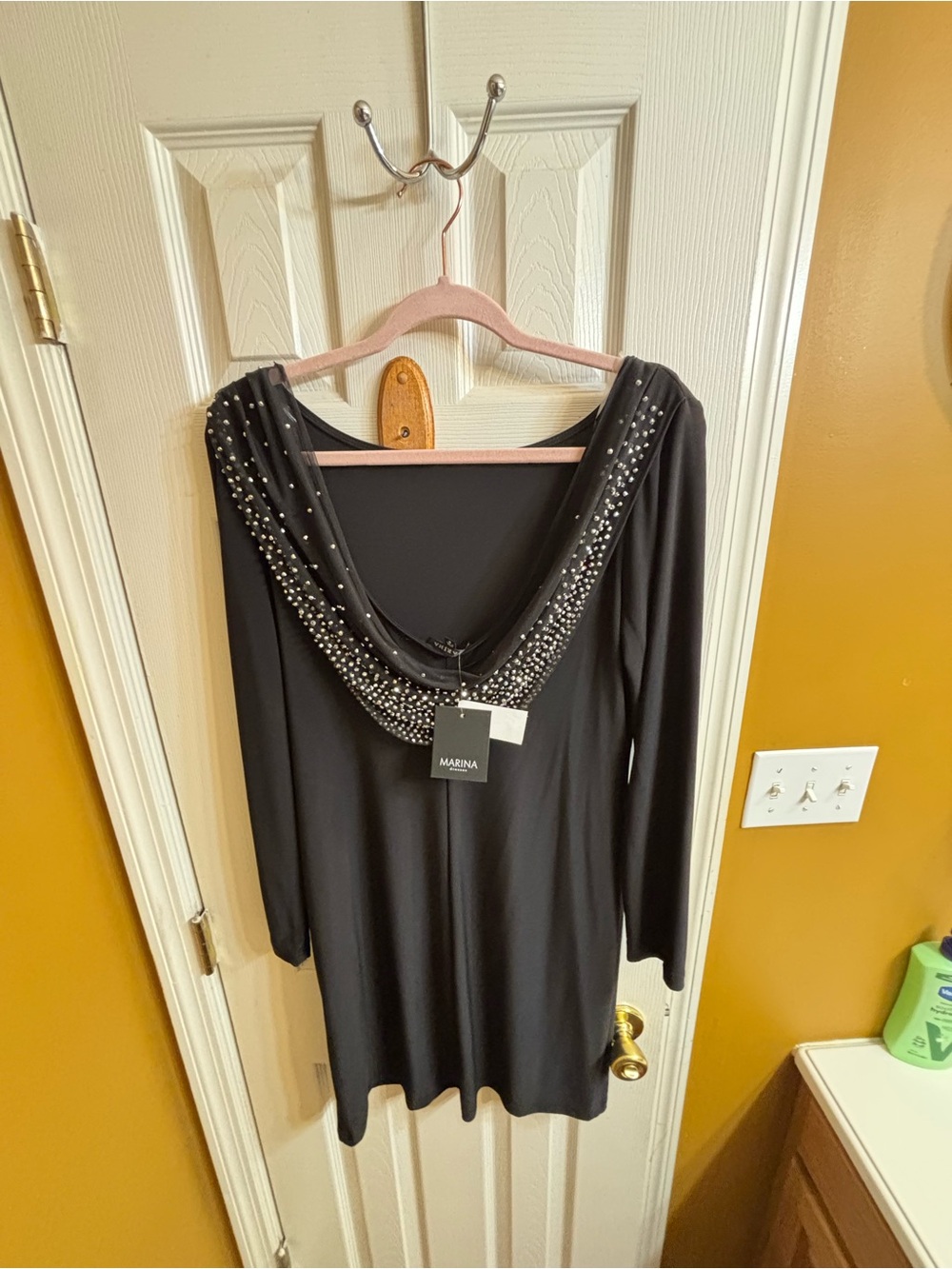 MARINA Black Back Embellished Cowl Neck Dress